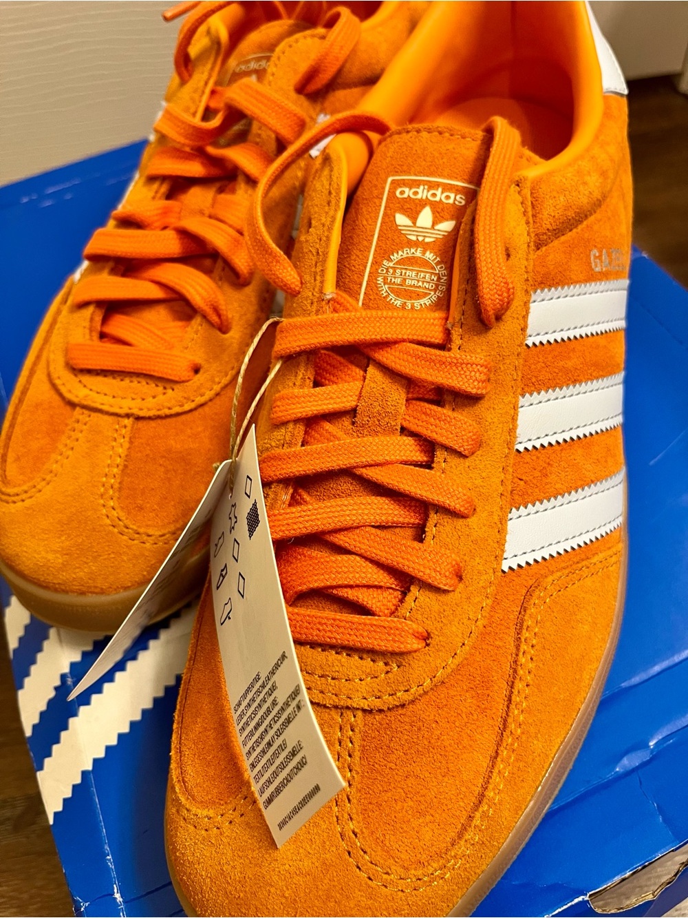 adidas Gazelle Men’s Orange Suede Sneakers with White Stripes - Picture 3 of 5